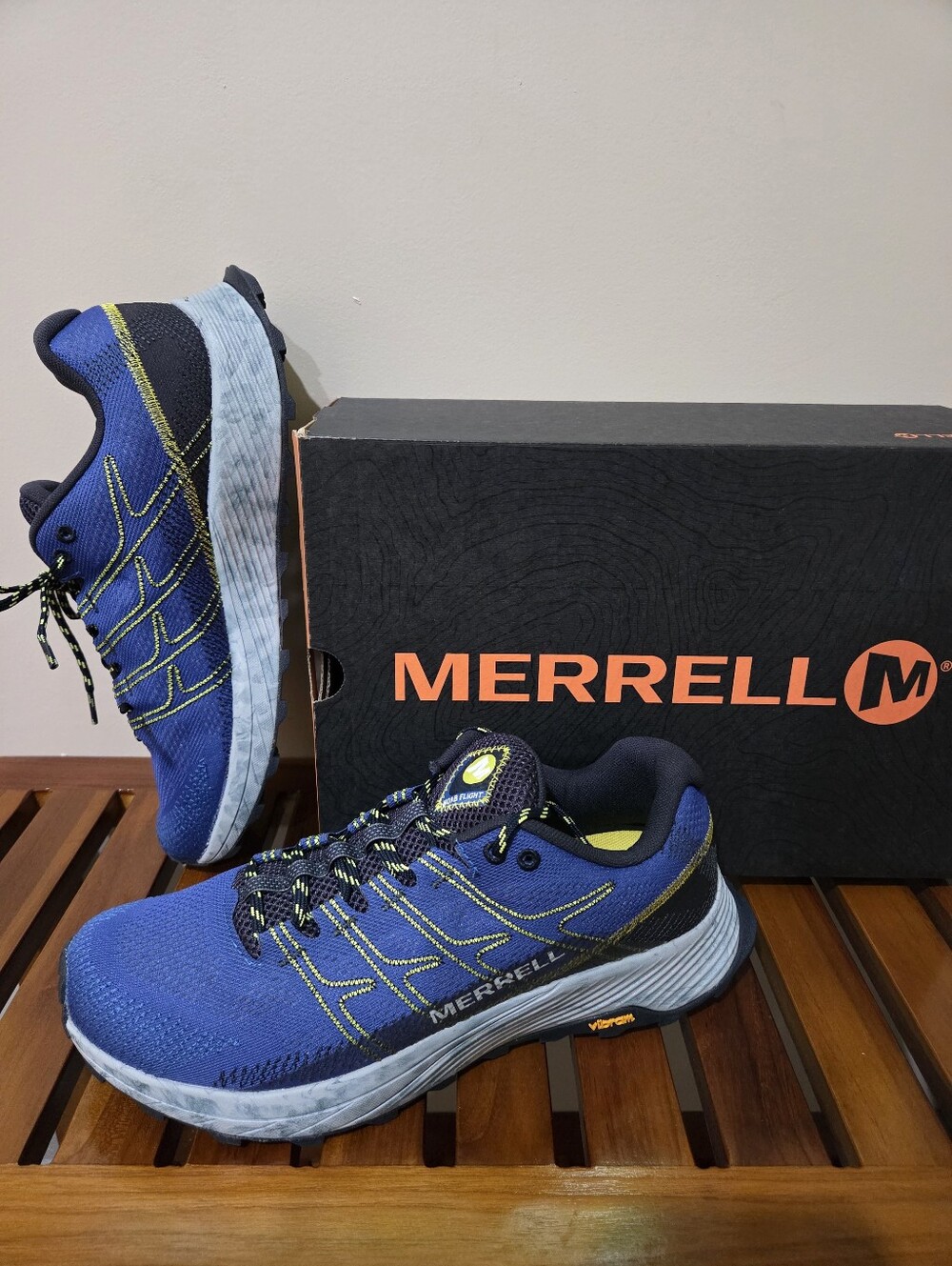 Merrell Flight Men's Blue Trail Sneakers with Neon Yellow Accents Size 9,9.5 NEW